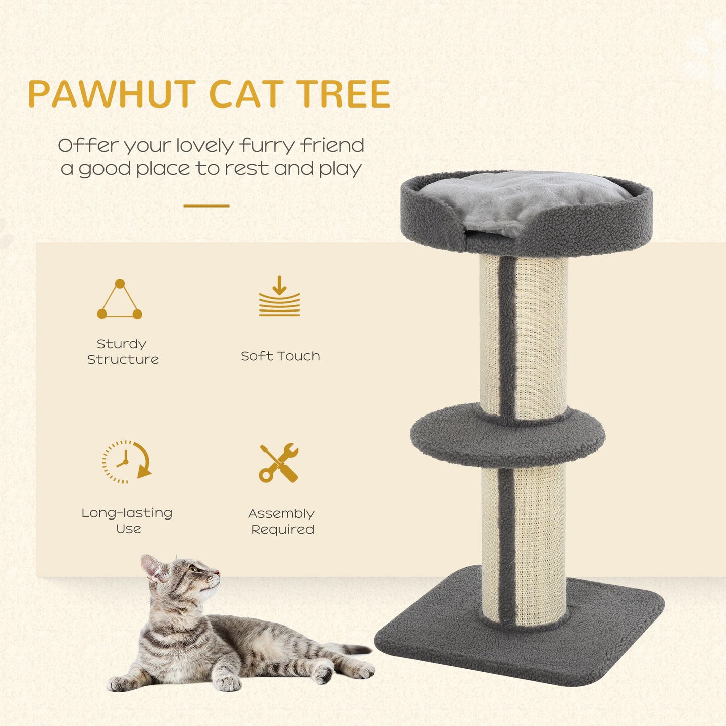 PawHut 91cm Cat Tree, Cat Tower With Scratching Post, Bed, Perch, Removable Cushion For Indoor Kittens, Grey