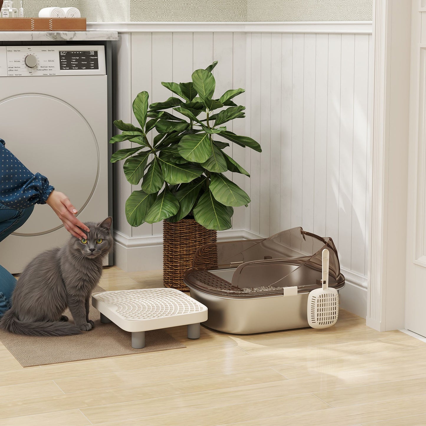 PawHut Stainless Steel Litter Box With Lid, High Wall Sided Enclosure, Pedal, Scoop, Non-Sticky, Anti-Leakage, Easy Cleaning