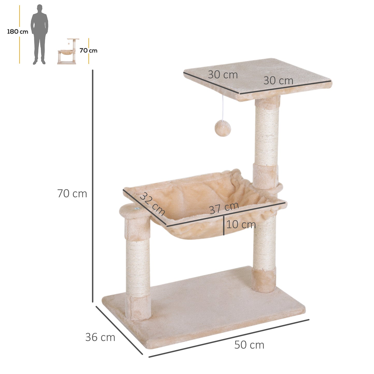 PawHut Cat Scratch Post With Bed Cat Tree For Indoor Cats Sisal Scratching Posts Hammock Kitty Activity Centre Beige