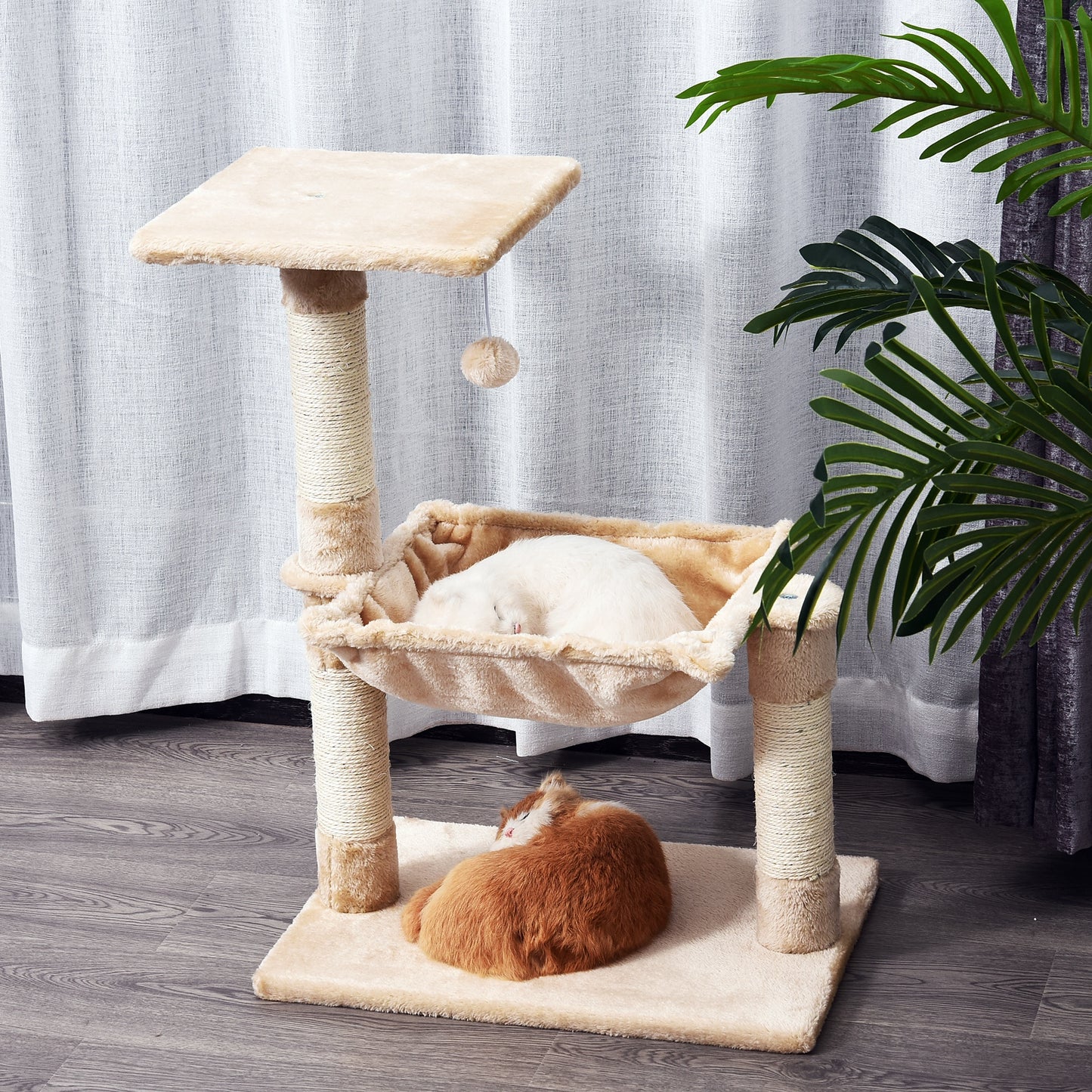 PawHut Cat Scratch Post With Bed Cat Tree For Indoor Cats Sisal Scratching Posts Hammock Kitty Activity Centre Beige