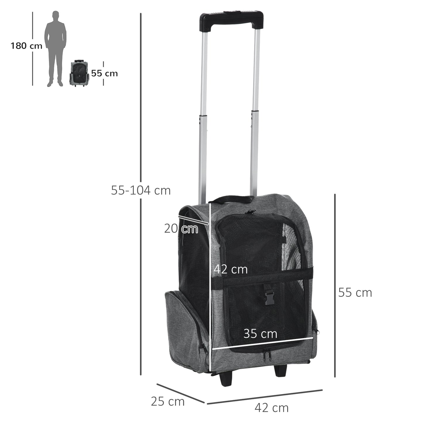 PawHut Pet Travel Backpack Bag Cat Puppy Dog Carrier W/ Trolley And Telescopic Handle Portable Stroller Wheel Luggage Bag (Grey)