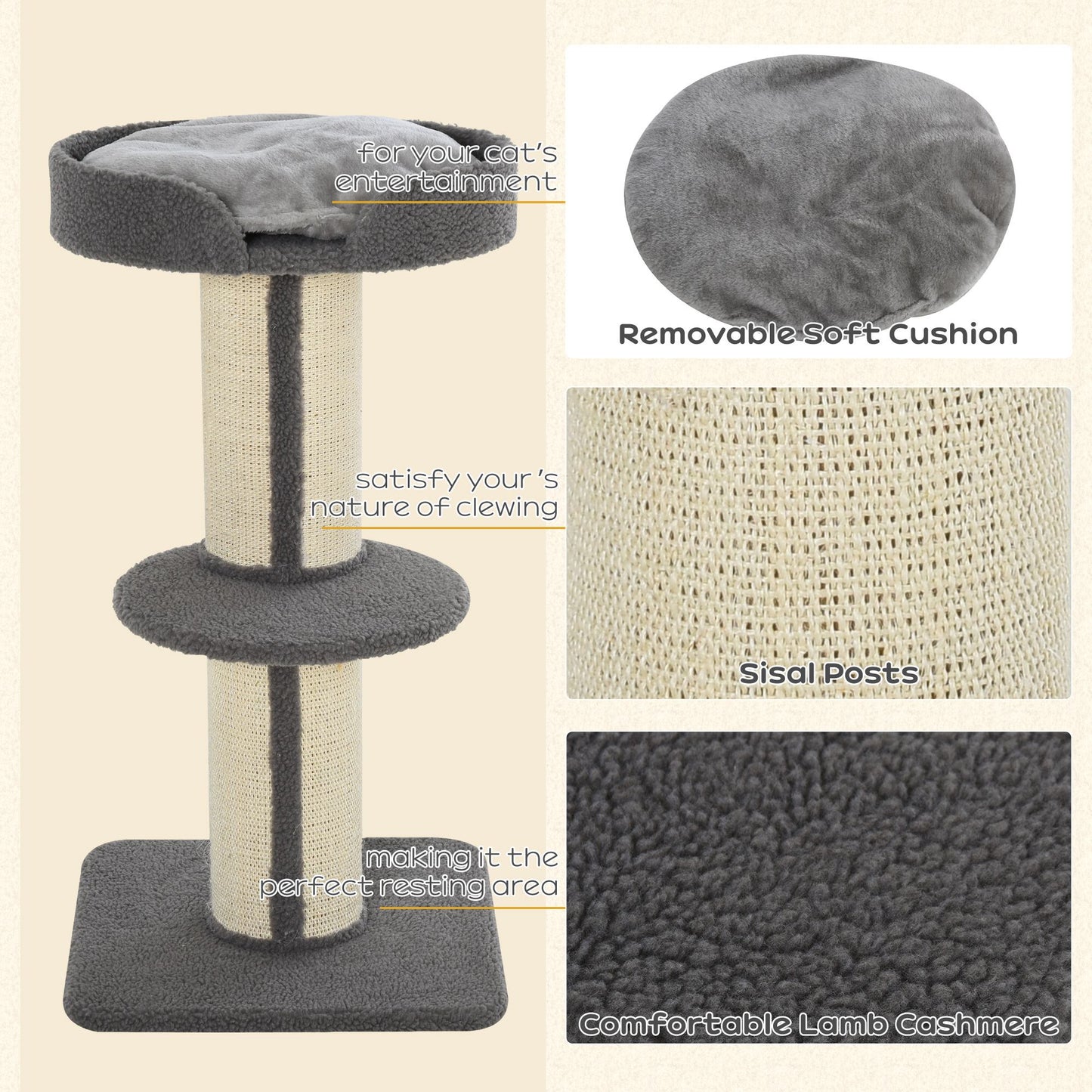 PawHut 91cm Cat Tree, Cat Tower With Scratching Post, Bed, Perch, Removable Cushion For Indoor Kittens, Grey
