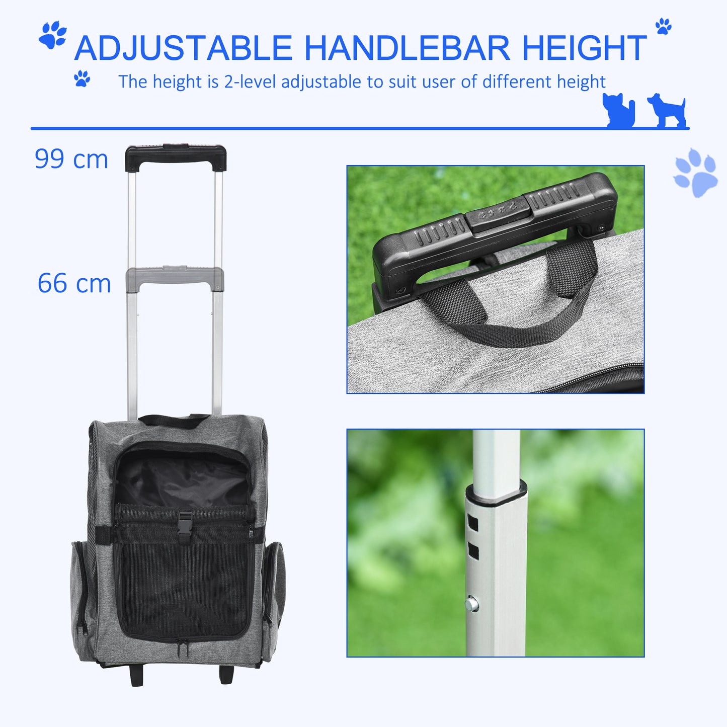 PawHut Pet Travel Backpack Bag Cat Puppy Dog Carrier W/ Trolley And Telescopic Handle Portable Stroller Wheel Luggage Bag (Grey)