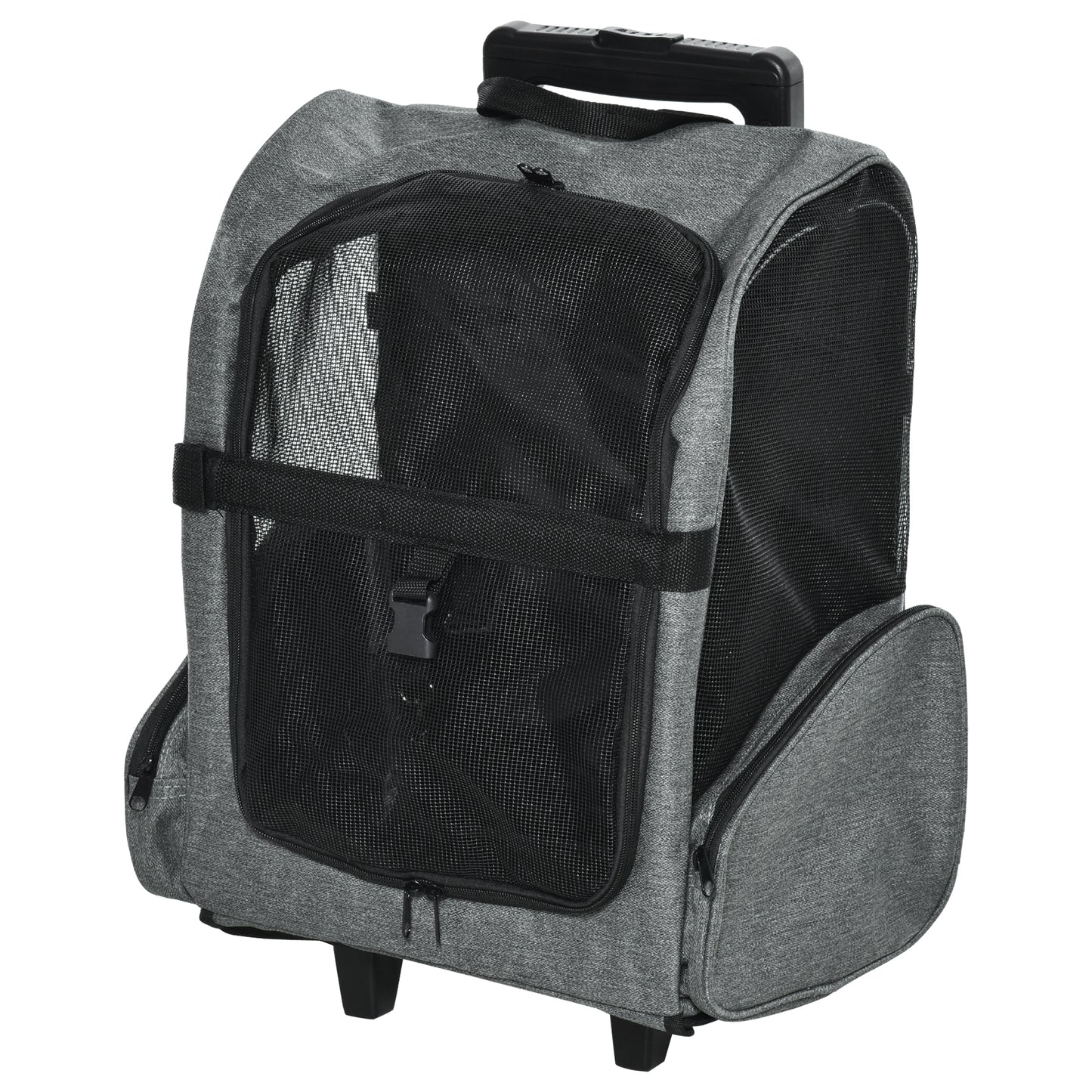 PawHut Pet Travel Backpack Bag Cat Puppy Dog Carrier W/ Trolley And Telescopic Handle Portable Stroller Wheel Luggage Bag (Grey)