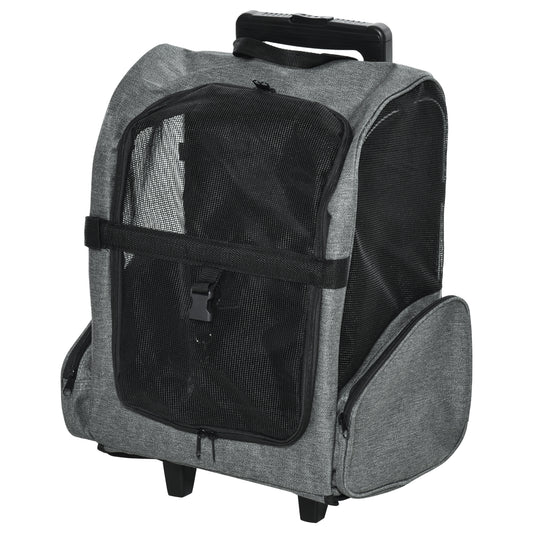 PawHut Pet Travel Backpack Bag Cat Puppy Dog Carrier W/ Trolley And Telescopic Handle Portable Stroller Wheel Luggage Bag (Grey)