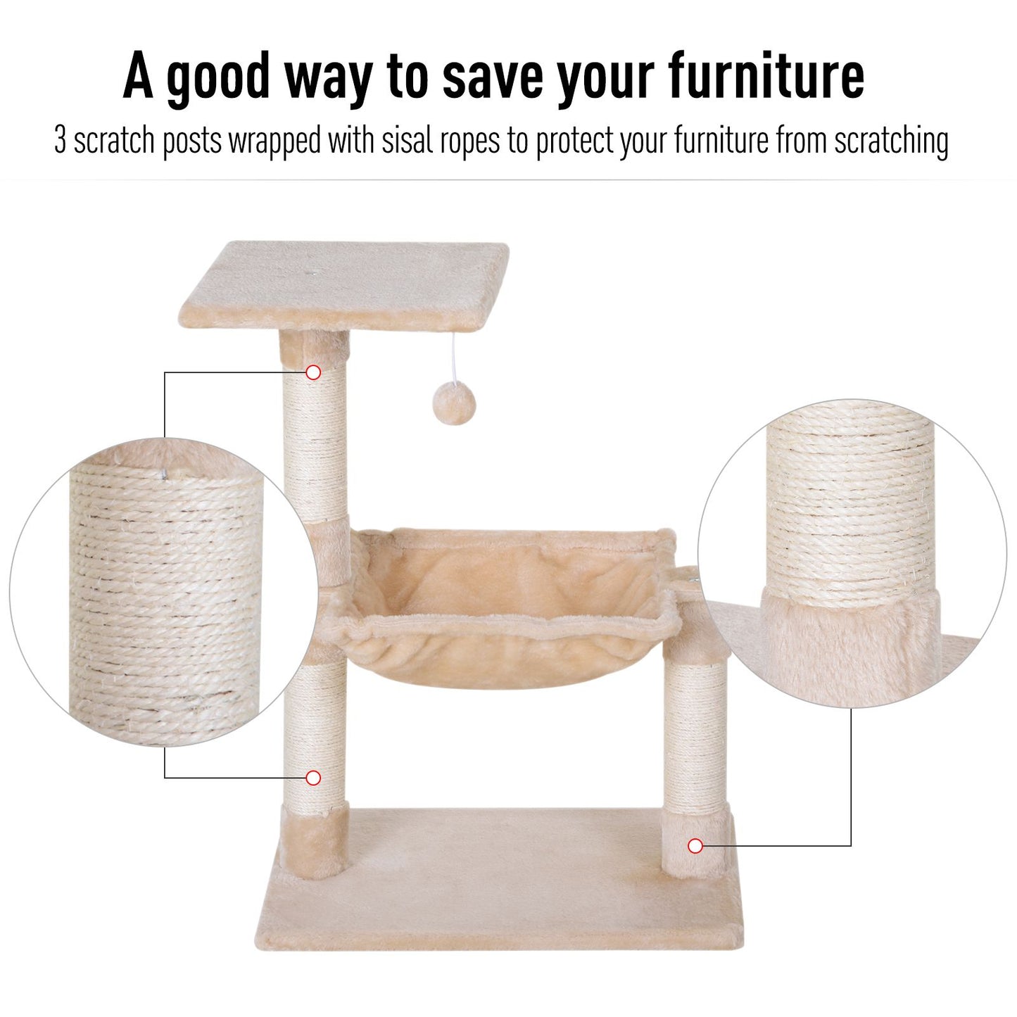 PawHut Cat Scratch Post With Bed Cat Tree For Indoor Cats Sisal Scratching Posts Hammock Kitty Activity Centre Beige