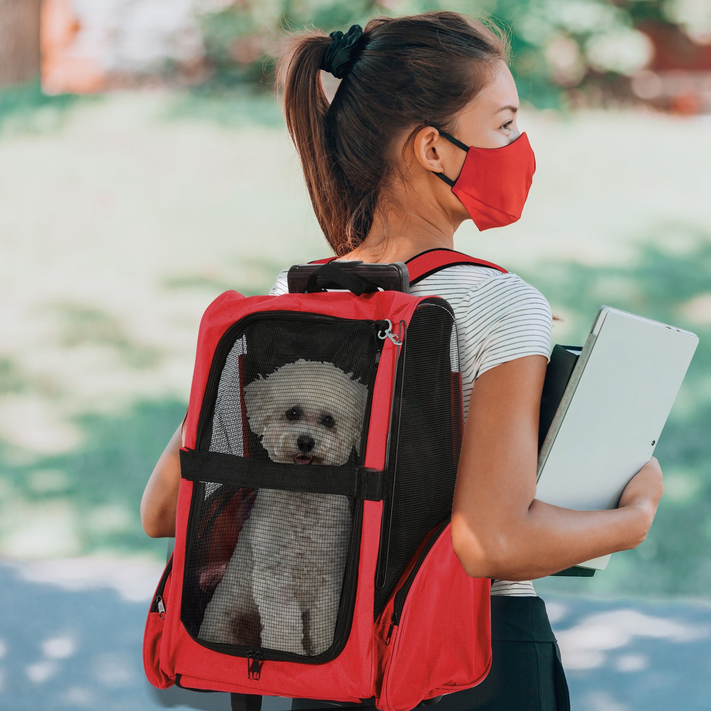 PawHut Pet Travel Backpack Bag Cat Puppy Dog Carrier W/ Trolley And Telescopic Handle Portable Stroller Wheel Luggage Bag (Red)