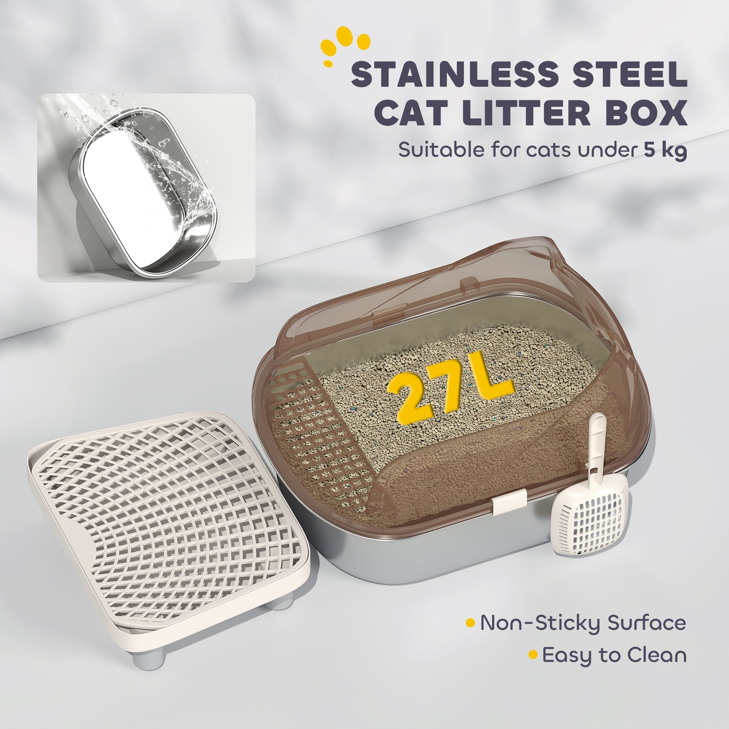PawHut Stainless Steel Litter Box With Lid, High Wall Sided Enclosure, Pedal, Scoop, Non-Sticky, Anti-Leakage, Easy Cleaning